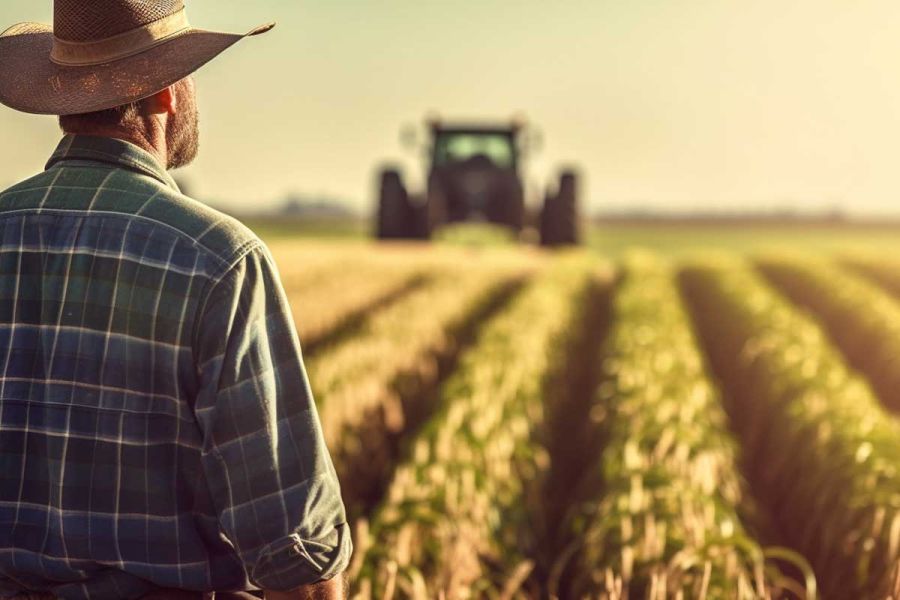 Cowboy mit Hut steht auf einem Getreidefeld und schaut zu einem Traktor