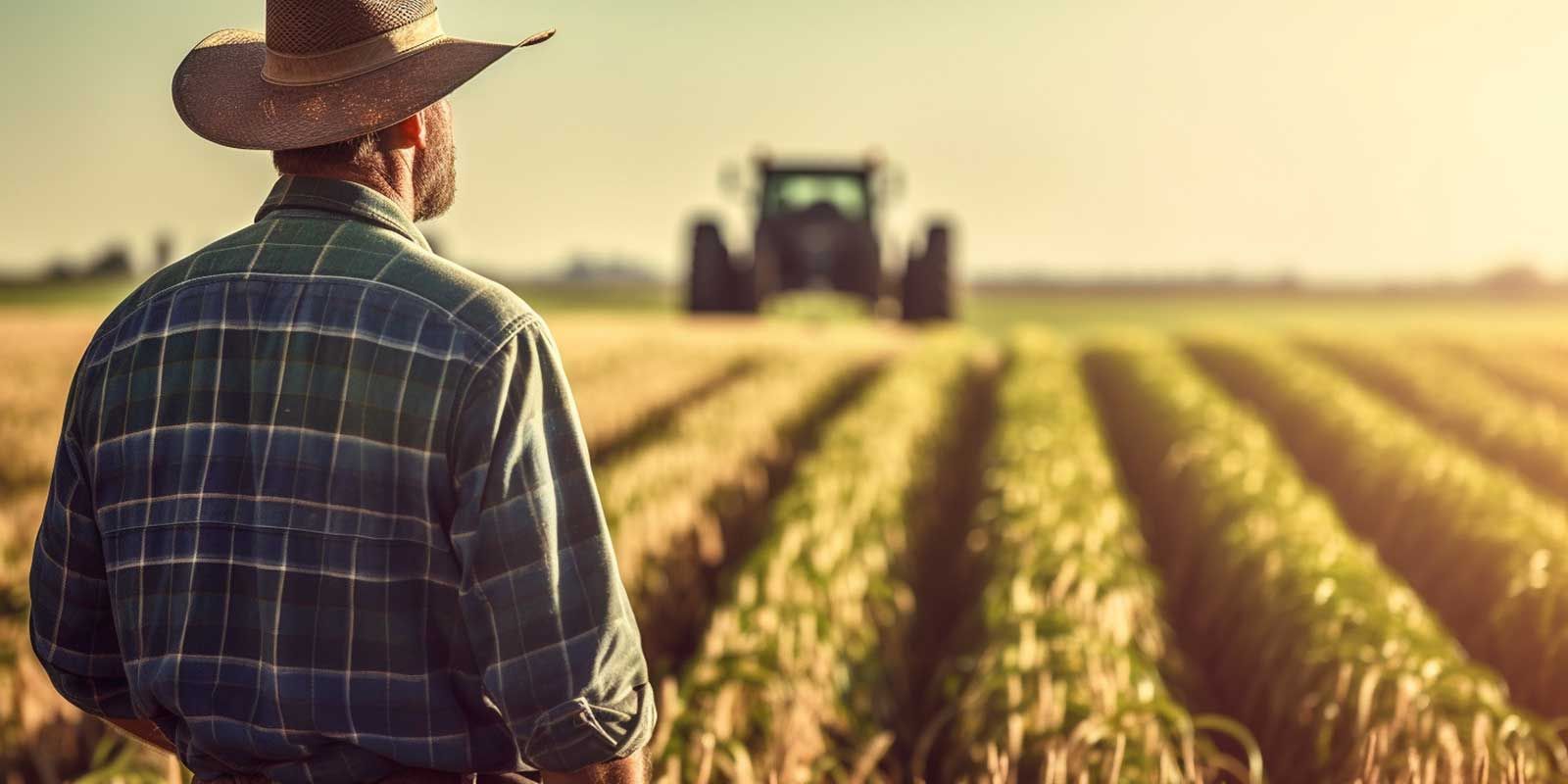 Cowboy mit Hut steht auf einem Getreidefeld und schaut zu einem Traktor